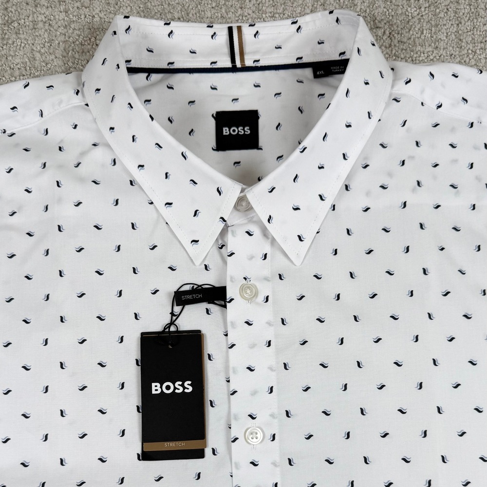 NEW Hugo Boss Men 4XL White Geometric Stretch Short Sleeve Button Up Shirt *Read